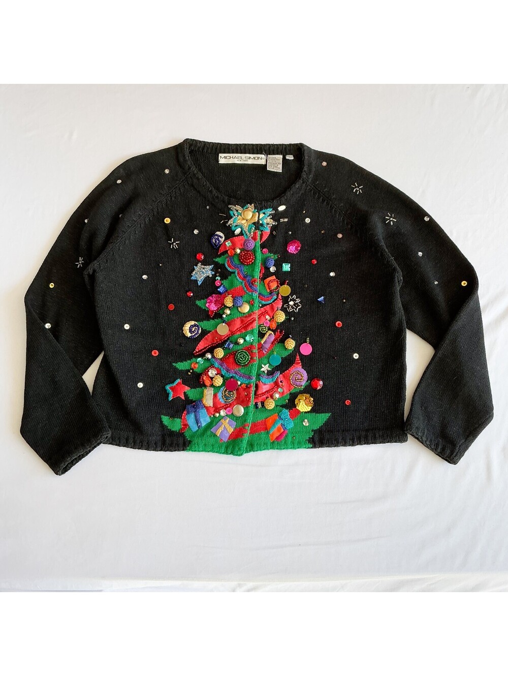 Michael Simon Black Christmas Tree Embellished Sequin Embroidered Sweater Size S